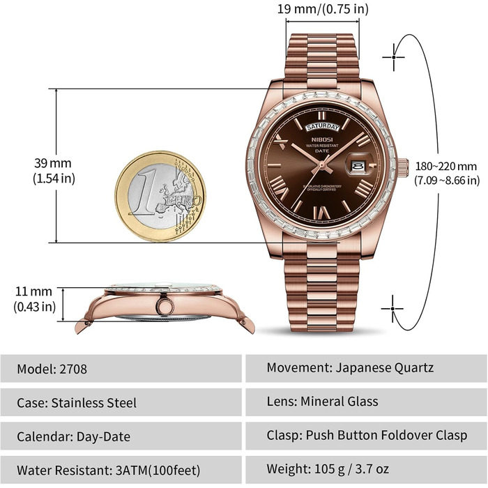 Годинник NIBOSI чоловічий аналоговий кварцовий з діамантовою безелем, сталевий циферблат, рожеве золото, срібло, водостійкий бізнес-класичний годинник з датою (рожево-коричневий)