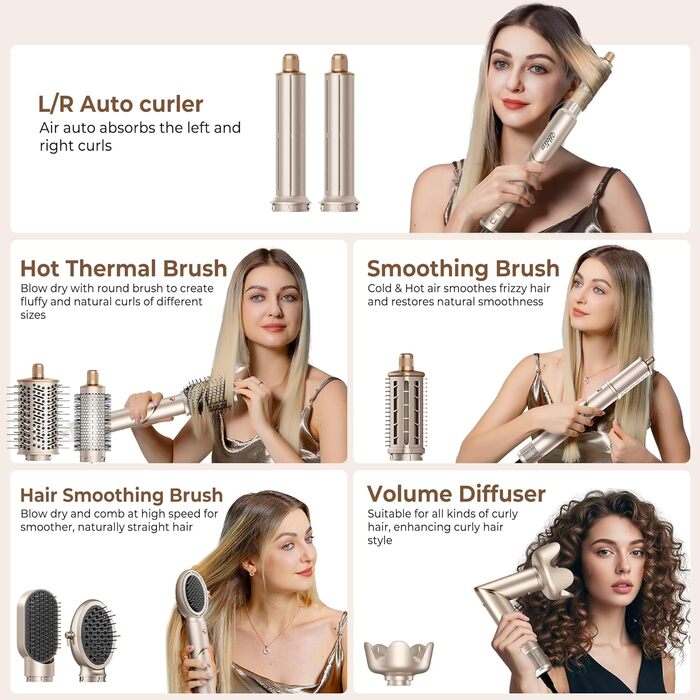UKLISS Hairstyler 8 в 1: Професійний стайлер для волосся з авто-завивкою, іонізацією та функцією фена, підходить для всіх типів волосся, золотий