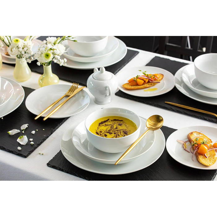 SÄNGER | Tableware New Port white, 18-piece dinnerware set for 6 people made of porcelain, wedding plates, dinner plates | PREMIUM COLLECTION Tableware 18 pcs