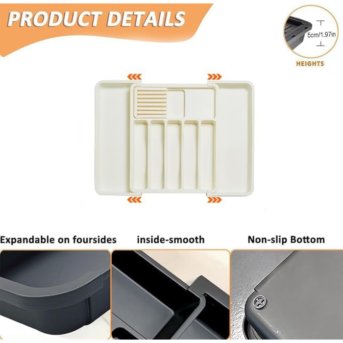 Органайзер для столових приборів ZHUlYIWIN в шухляду, розсувний, з тримачами для ножів, білий пластик