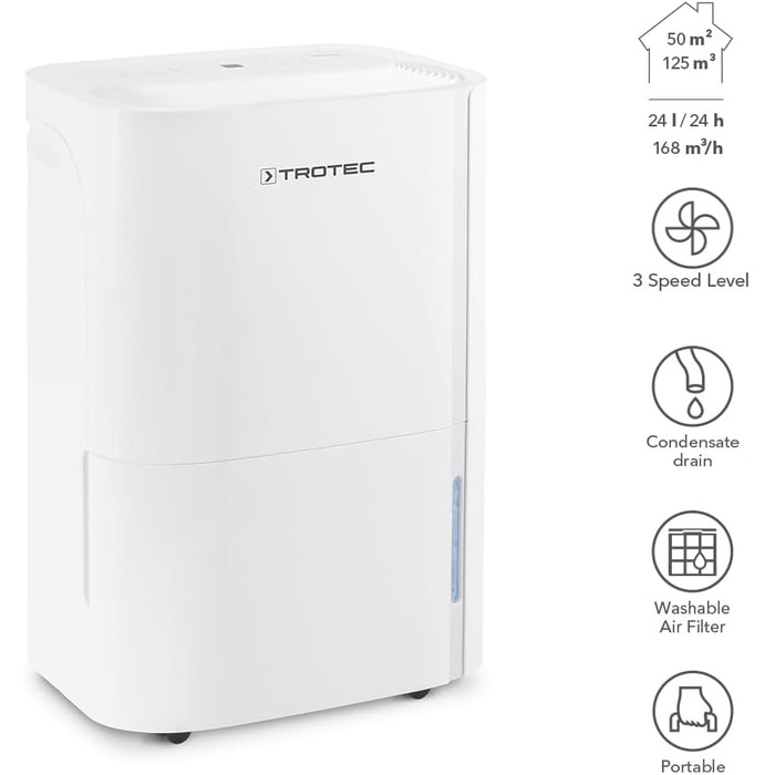 Електричний осушувач повітря Trotec TTK 66 E – продуктивність 24 л/день – площа 50 м² / 125 м³ – з автовимкненням – для квартири та спальні
