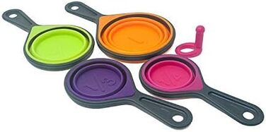 Collapsible measuring cups and nesting spoons, adjustable silicone for cooking, used for liquid and dry kitchen items, portable portion control, dog food, children, travel, campers, space-saving.