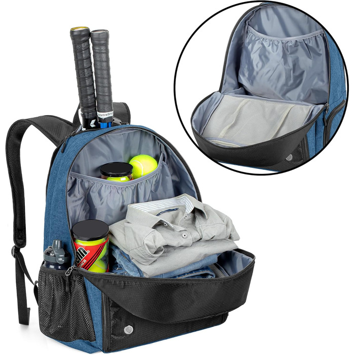 Рюкзак для тенісу DSLEAF з відділенням для взуття, сумка для 2 ракет, з м'якими лямками, вентильоване відділення для взуття, для жінок та чоловіків (блакитний)