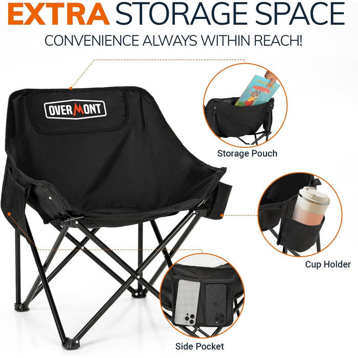 Набір складних кемпінгових стільців OVERMONT (2 шт.) до 135 кг з сумкою для транспортування - для саду, балкону, пляжу, риболовлі, чорний