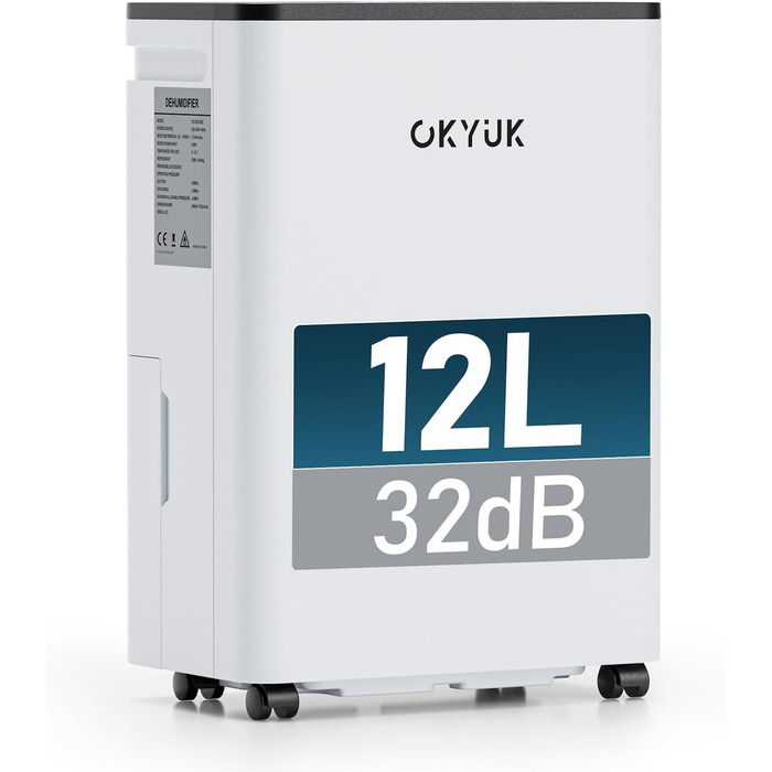 Електричний осушувач повітря OKYUK 12L з цифровим дисплеєм, для дому 40м², з автовимкненням, для RV, ванної кімнати, підвалу (білий)