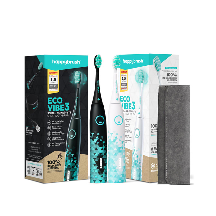 Електрична зубна щітка happybrush® Eco VIBE 3 | Подвійний набір + чохол для подорожей | Чорний/М'ятний та Білий/М'ятний | 6 тижнів роботи від акумулятора