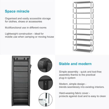 INTIRILIFE Folding Wardrobe 170x58x28 cm in - with Zipper Fabric Wardrobe Clothes Closet Shoe Shelf with 9 Storage Compartments - Camping Folding Cabinet Textile Wardrobe (Ash Grey)