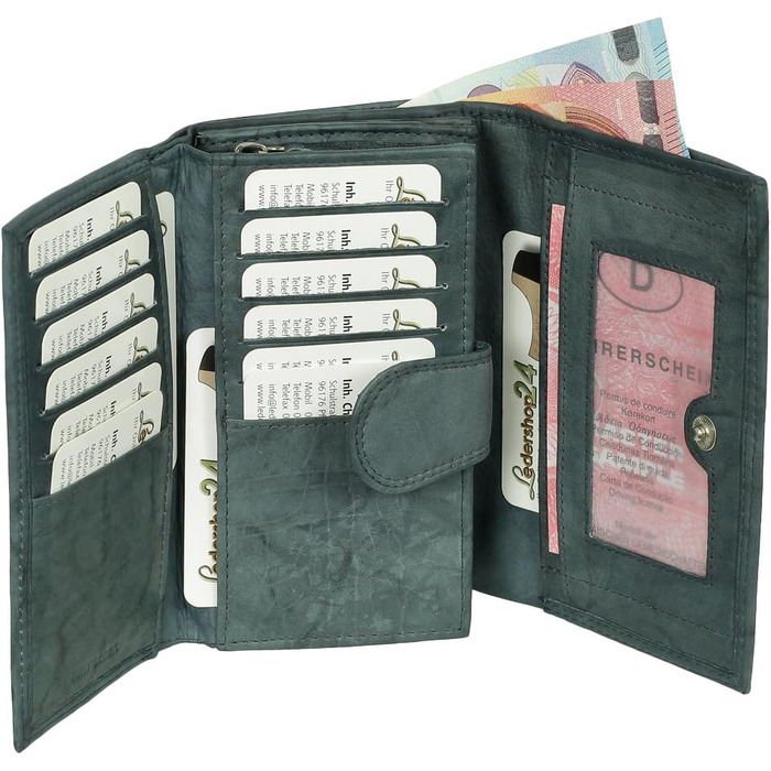 Ledershop24 RFID Women's Leather Wallet, Women's Purse, Women's Money Wallet - Long Blue-Gray Leather - Gift Set + Exclusive Key Chain