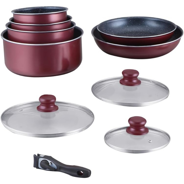 HAGEN, Stone-coated cookware, Removable handle, 10 pieces, Bordeaux, Non-stick coating, Suitable for all burners, including induction, HA04647 Bordeaux red - 10 pieces
