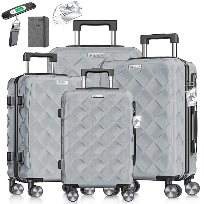 Набір валіз KESSER® 4 шт. | ABS валізи з кодовим замком, ваговою системою та органайзером для подорожей | Ручна та велика валіза для бізнесу та подорожей, коліщата 360°, сірий колір