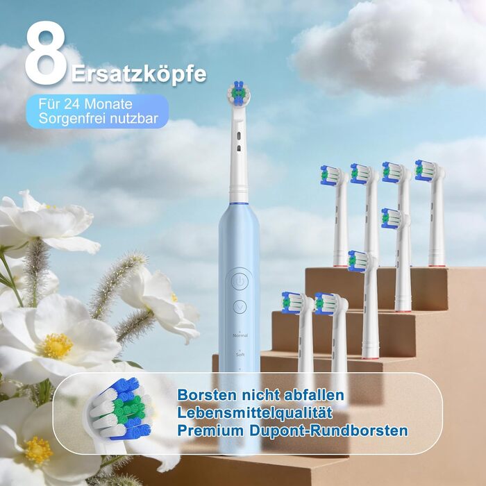 Електрична зубна щітка для дорослих Rotierende з 8 насадками, 3 режимами чищення, акумулятором на 50 днів та Smart-таймером 2 хв - Чорна