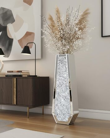 Ваза для квітів велика 68 см: срібна ваза з кристалами для пампас трави, скляна ваза з дзеркальним покриттям та блискітками, декоративна ваза для вітальні, інтер'єру – без підставки для води, 16L x 68H см