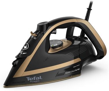 Tefal FV8064 Puregliss Steam Iron | 3000 Watts | 280 g/min Steam Boost | 0-50 g/min Variable Steam | Vertical Steam | Durilium AirGlide Autoclean Soleplate | Micro-Calc Filter | Black/Gold Black / Gold