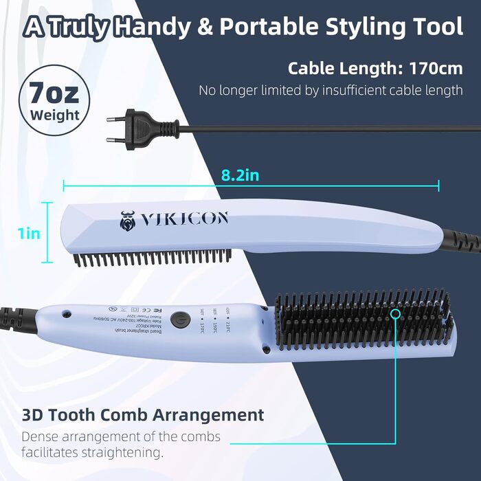 VIKICON Men's Beard Straightener - Mini Electric Beard Flat Iron, 30s Style Heated Brush Comb, Ionic Hair Straightener for Long & Short Beards (Blue)