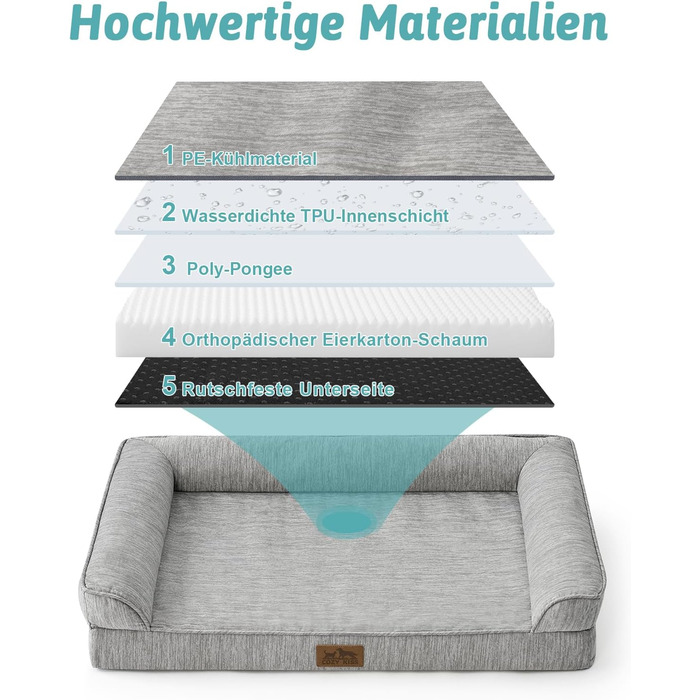 Ортопедичне ліжко для собак середнього розміру COZY KISS з знімним, пральним чохлом. Підтримує хребет, водонепроникні бортики та протиковзна основа. Розмір: 91x69x16 см, колір: сріблясто-сірий