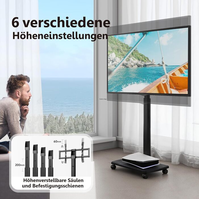 FITUEYES Rolling TV Stand with Wood Shelf - Adjustable Height & Swivel - Fits 32-70 inch TVs (up to 40kg, VESA 400x600) - Black