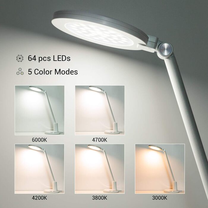 JUKSTG LED Desk Lamp - 12W Adjustable Office Table Lamp with Touch Control, Dimming, 10 Brightness Levels & 5 Color Modes - Eye Protection for Reading, Work, Kids (White)