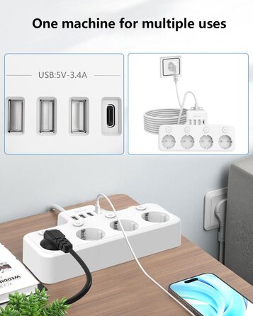 Багатофункціональна мережа роз'ємів 9 в 1 з вимикачем, USB-роз'єм 5-fach, кабель 2м, кутова мережа роз'ємів, чорний колір, індивідуальне вимкнення, для кухні та робочого столу (4 розетки, настінний монтаж)
