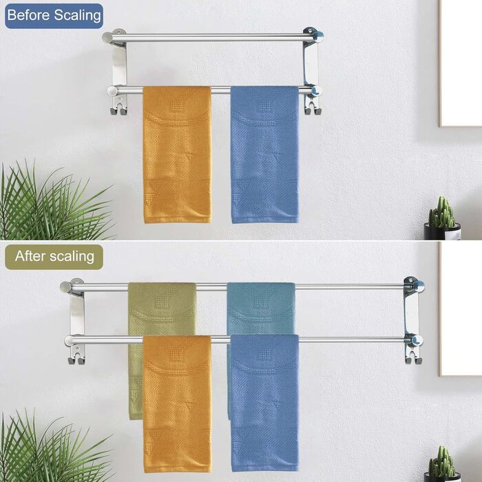 Тримач для рушників настінний з нержавіючої сталі, глянсовий, висувний, 2 стійки, 43-75 см з гачками, для ванної кімнати, монтаж на свердла або на клей - 2 способи встановлення, підходить для ванної та кухні