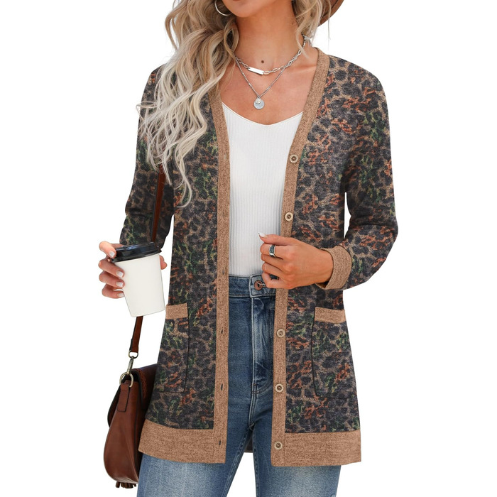 Жіночий довгий в'язаний кардиган Grecerelle Leopard, чорний, з кишенями та V-подібним вирізом