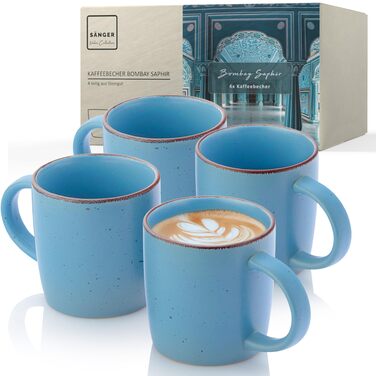Набір кавових чашок SÄNGER Bombay Saphir (4 шт.), 360 мл, стегонна кераміка, блакитні, для кави та чаю, миюча посуду, мікрохвильова піч