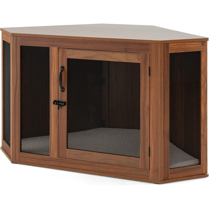 Будка для собак COSTWAY кутова, переноска з дверцятами та подушкою, крізь для домашніх тварин у стилі меблів для маленьких собак та котів, клітка для тварин, будка для собак, будинку для тварин, коричнева, 114 x 60 x 68 см