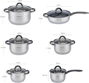 Набір посуду EliteHoff Induktion: 12-ти частинний набір каструль та сковорідок з нержавіючої сталі з кришками та чорними ручками, для всіх типів плит