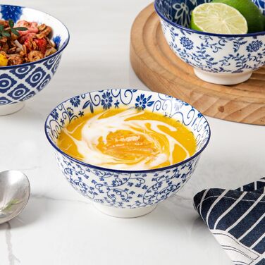 Набір супових тарілок з кераміки, 709 мл, глибокі миски для мюслі, порцеляна, 6 шт., вінтажний блакитний колір