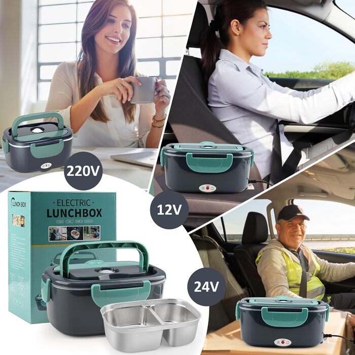 Electric Lunch Box 100W, 3-in-1 Portable Heated Lunch Box, 1.5L Stainless Steel Removable Food Container, 12V/24V/220V Insulated Food Warmer Box for Car/Truck/Office (Blue & Green, 1.5 L)