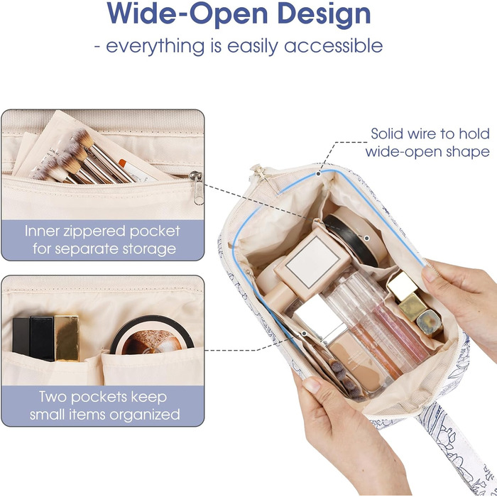 Косметичка для жінок Narwey: подорожня сумочка для макіяжу та косметики (сіро-блакитна, з квітковим принтом)