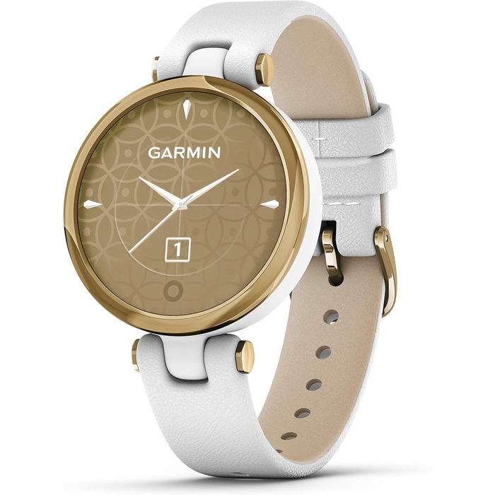 Garmin Lily™ – класичний розумний годинник з сенсорним екраном та декорованим корпусом, світло-золотистий з білим шкіряним ремінцем