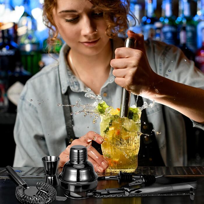 Набір для приготування коктейлів, 12 предметів, нержавіюча сталь, 750 мл, з дерев'яною підставкою та книгою рецептів