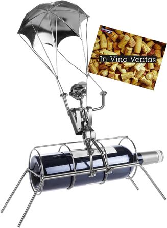 BRUBAKER Bottle Holder Parachutist - Metal Wine Bottle Holder Parachute Jump - Sculpture with Gift Card - Silver