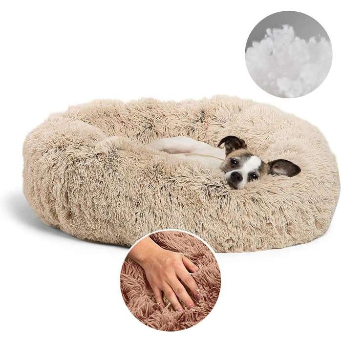 Кругле ліжко для собак та котів Haoye, м'яке, плюшеве, Ø 60 см, 7 розмірів, бежеве