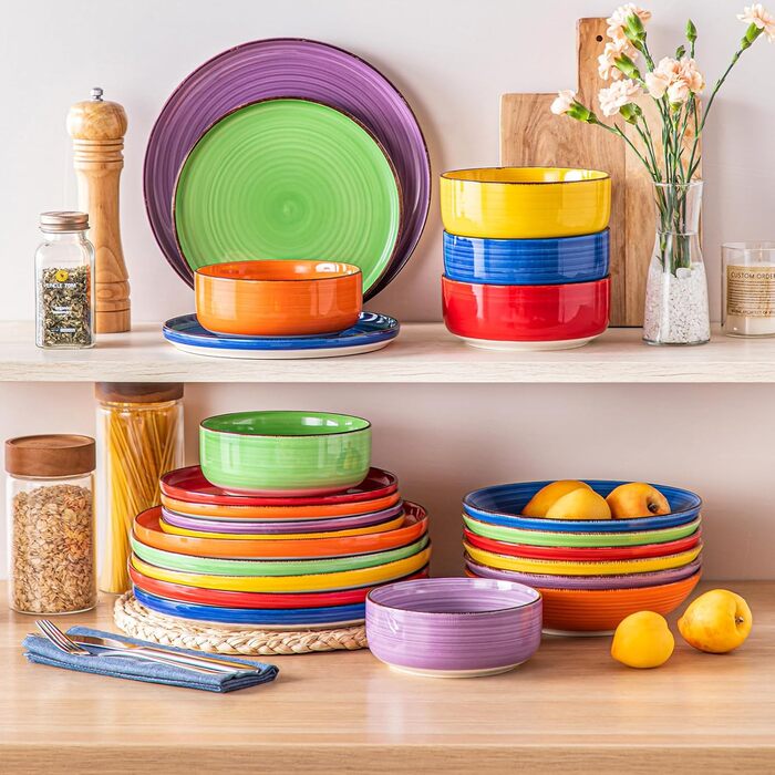 Dinnerware Set for 6, vancasso Bonita 18-Piece Tableware Set made of stoneware, bowl and plate set, round tableware combination set with 6 dinner plates, salad plates, and bowls each