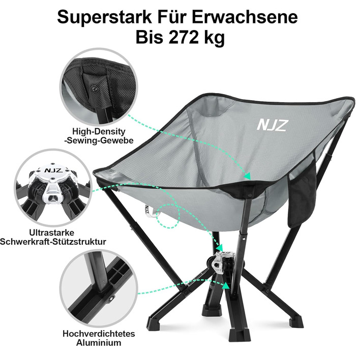 Крісло для кемпінгу NJZ 200-600LBS: складне, міцне, легке, для відпочинку на природі, риболовлі, саду та пікніків (срібний)