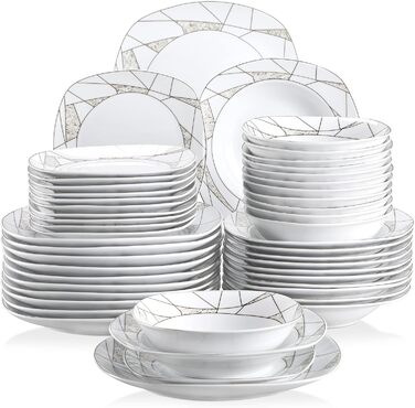 VEWEET Сервіз столовий 'Serena' з порцеляни, 24 частини | Сервіз включає миски, тарілки для десерту, обідні та супові тарілки | Для 6 осіб, ресторану, сім'ї (білий, 48-частинний сервіз)