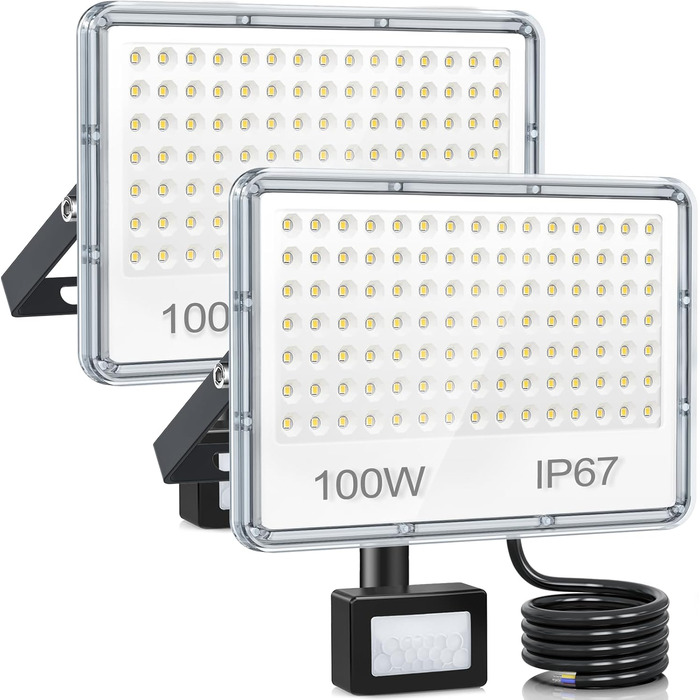 LED Floodlights with Motion Sensor Outdoor 50W 2 Pack, 5000LM LED Spotlights with Motion Sensor, 7000K Cool White Outdoor Floodlights, IP67 Waterproof Floodlights for Warehouse, Garden, Garage (100W-2PC)