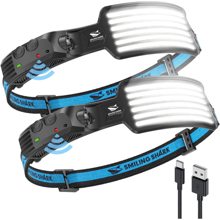 Налобний ліхтар Smiling Shark 2 шт. з широким кутом, 6 LED, яскраве біле світло, водонепроникний, акумуляторний, для кемпінгу, бігу, риболовлі