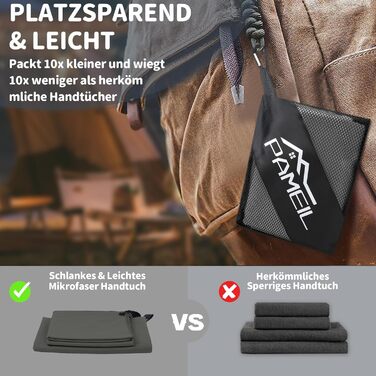 Набір рушників з мікрофібри Pameil (3 шт.): великий (160x80 см) + 2 маленьких (80x40 см), швидковисихаючі, для подорожей, фітнесу, сауни, темно-сірий