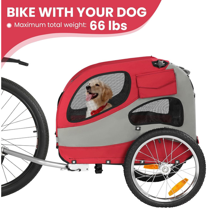 Причіп для велосипеда для собак, складаний, з відбивачами безпеки, сумкою для зберігання, м'яким внутрішнім простором та страхувальними повідками, для собак до 30 кг, червоний