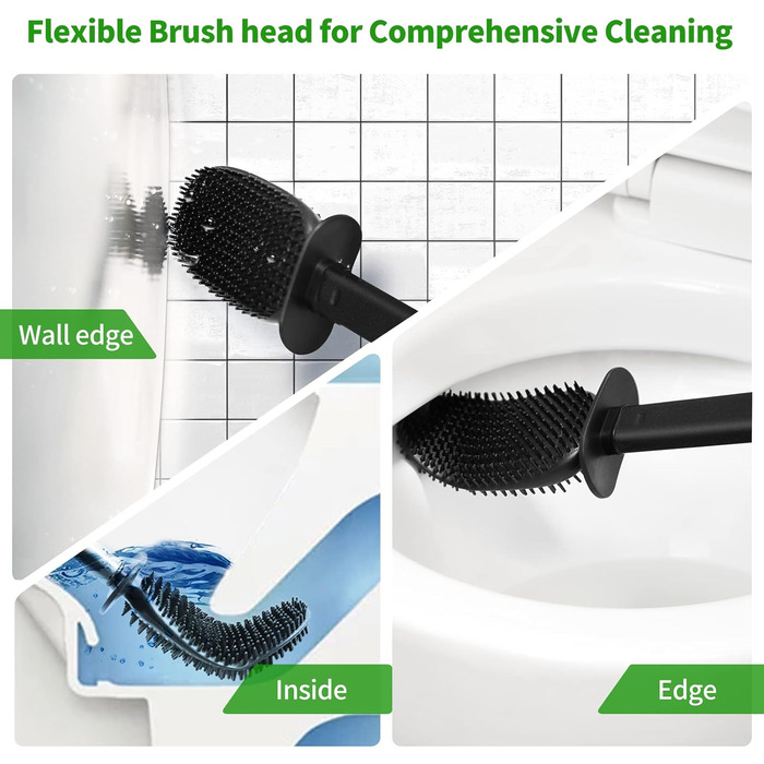 HOMEASY Silicone Toilet Brush Black - Stainless Steel Toilet Brush with Stainless Steel Holder, Flexible Silicone WC Brush Set, Toilet Brush with Holder, Wall Mount (No Drilling) & Stand for Bathroom