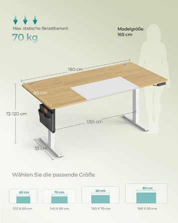 Регульований по висоті письмовий стіл SONGMICS (180 x 80 см), колір: натуральний дуб та матовий білий