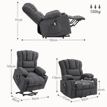 HOMCOM Electric Recliner with Rise Function, TV Chair with Lie-flat, Heating, and Massage Functions, TV Chair with Type-C and USB Ports, Cup Holders, Dark Grey | Aosom