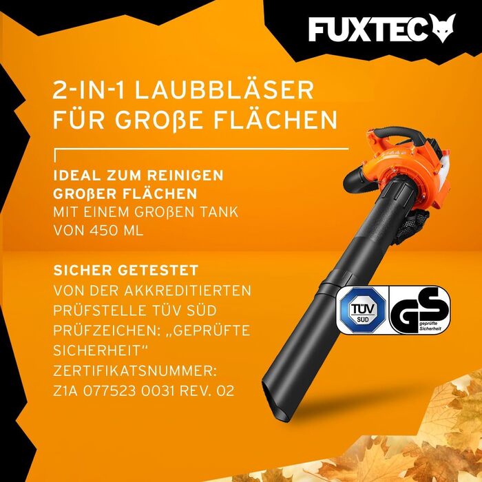 Бензиновий повітродув FUXTEC FX-LB126 2в1 з 2-ма насадками, розширюється до садового пилососа, 2-тактний двигун, швидкість повітря 71 м/с, преміум-клас
