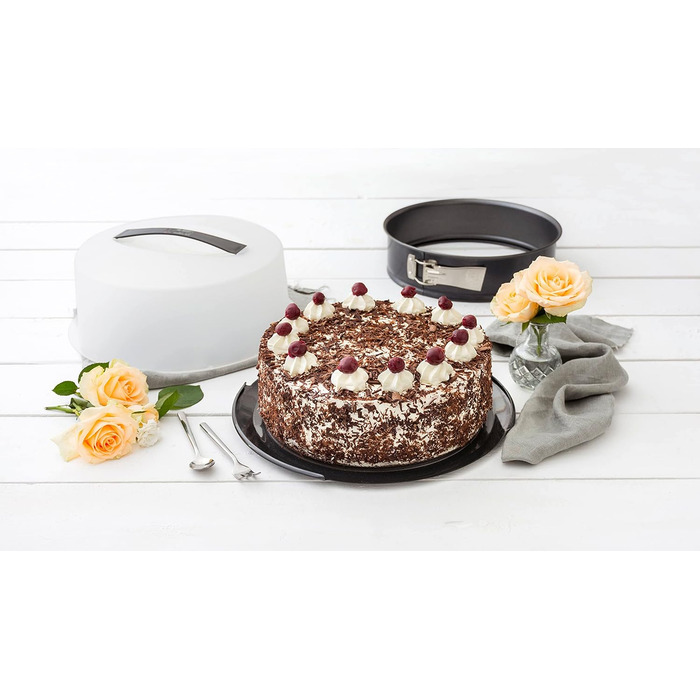 Zenker Springform with Transport Lid Ø 28 cm DELUXE, baking pan with enameled flat base and carrying lid, round cake pan for juicy cake to go (Color: Metallic Black), Quantity: 1 piece