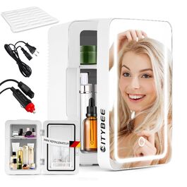 Міні холодильник 6L - 12V/230V, тиха робота, з дзеркалом та LED-підсвіткою. Ідеальний для косметики та авто (білий)