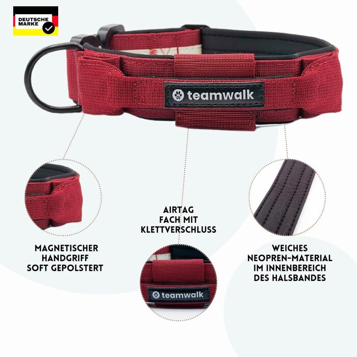 Teamwalk® Преміум нашийник для собак - з магнітною ручкою, світловідбиваючими смугами, кишеню для AirTag, індивідуально регульований, з м'якою підкладкою, міцною застібкою, з відповідним поводом, ЛЕГКИЙ (M), Колір: Лісовий зелений (Розмір: S(4см)), Бордов