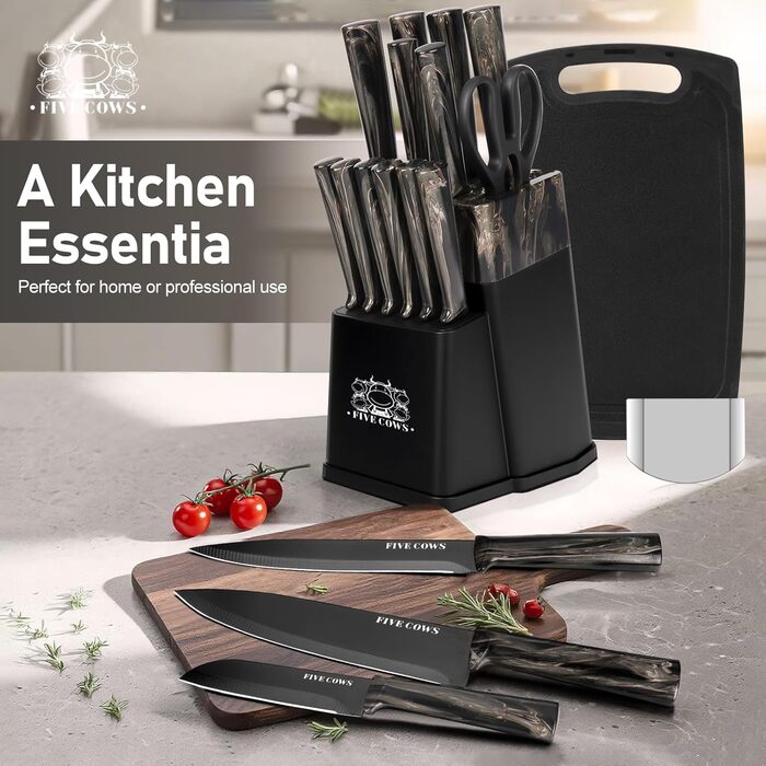 Набір кухонних ножів Messerblock з 16 предметів, з дощечкою, захистом пальців, точилкою та кухонними ножицями, професійний набір для дому (зелений, чорний)