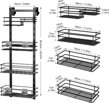 Регульована поличка для душу Orimade, сіра, 5 ярусів, з гачками, для зберігання в ванній кімнаті, з мильницею, на присосці, для ванної кімнати